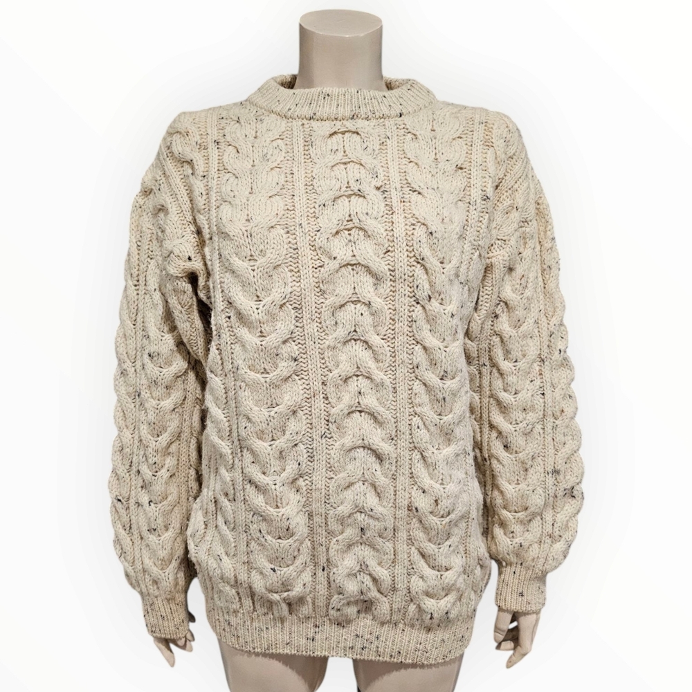 Vtg BLUEBERRY Exclusive 100% Wool Cream Speckled Fisherman Sweater S